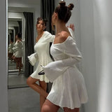 GETADME Talenza Knitted Off Shoulder V Neck Mini Dress Women's Sexy High Waist Long Sleeve Dress White Knitted Sweater Dress Robe Women