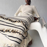 GETADME Talenza Knitted Striped Ruffle Long Dress Women's Fashion Luxury Party Dress Elegant See-through Color Block Knitted Long Dress