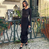GETADME Talenza Knitted Striped Ruffle Long Dress Women's Fashion Luxury Party Dress Elegant See-through Color Block Knitted Long Dress
