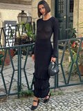 GETADME Talenza Knitted Striped Ruffle Long Dress Women's Fashion Luxury Party Dress Elegant See-through Color Block Knitted Long Dress