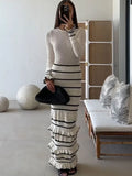 GETADME Talenza Knitted Striped Ruffle Long Dress Women's Fashion Luxury Party Dress Elegant See-through Color Block Knitted Long Dress