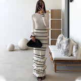 GETADME Talenza Knitted Striped Ruffle Long Dress Women's Fashion Luxury Party Dress Elegant See-through Color Block Knitted Long Dress