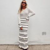 GETADME Talenza Knitted Striped Ruffle Long Dress Women's Fashion Luxury Party Dress Elegant See-through Color Block Knitted Long Dress
