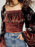 GETADME Temperament Blouse Women Square Collar Ruffles Flare Sleeve Slim Shirts Blusas Mujer De Moda Vintage Velvet Chic Blouses Tops