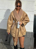 GETADME Thick Leather Jacket Women Winter Fashion Plush Single Breasted Turn-down Collar Belts Elegant Coat Female Long Sleeve Overcoat