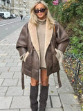 GETADME Thick Leather Jacket Women Winter Fashion Plush Single Breasted Turn-down Collar Belts Elegant Coat Female Long Sleeve Overcoat