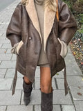 GETADME Thick Leather Jacket Women Winter Fashion Plush Single Breasted Turn-down Collar Belts Elegant Coat Female Long Sleeve Overcoat