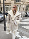 GETADME Thick Leather Jacket Women Winter Fashion Plush Single Breasted Turn-down Collar Belts Elegant Coat Female Long Sleeve Overcoat