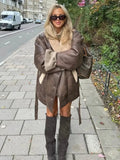GETADME Thick Leather Jacket Women Winter Fashion Plush Single Breasted Turn-down Collar Belts Elegant Coat Female Long Sleeve Overcoat