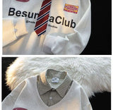 GETADME T-shirt polo cravate faux deux pièces sweat-shirt grande taille style universitaire pull à manches longues unisexe ample vêtements d'automne