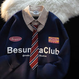 GETADME T-shirt polo cravate faux deux pièces sweat-shirt grande taille style universitaire pull à manches longues unisexe ample vêtements d'automne