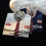 GETADME T-shirt polo cravate faux deux pièces sweat-shirt grande taille style universitaire pull à manches longues unisexe ample vêtements d'automne