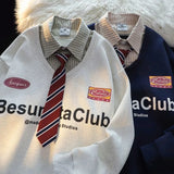 GETADME Tie POLO Shirt Fake Two Piece Sweatshirt Large Size College Style Long Sleeve Pullover Men Women Loose Oversized Autumn Clothes