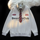 GETADME T-shirt polo cravate faux deux pièces sweat-shirt grande taille style universitaire pull à manches longues unisexe ample vêtements d'automne