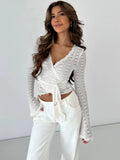 GETADME Tossy Bandage Hollow Out V-Neck T-shirt Top Women's Bandage Long Sleeve See-Through Sexy Casual Pullover Female Printed Tee Top