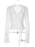 GETADME Tossy Bandage Hollow Out V-Neck T-shirt Top Women's Bandage Long Sleeve See-Through Sexy Casual Pullover Female Printed Tee Top