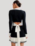 GETADME Tossy Ruffled Bow Knit Mini Dress Women's Summer Backless Contrast Cardigan Lace-Up Elegant Dress Female Knitwear Bandage Dress