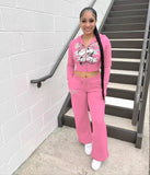GETADME Trendy Street Skull Love Print Basic Zipper Short Cardigan High Waist Straight Trousers Two-piece Set for Women Костюм Женский