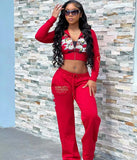 GETADME Trendy Street Skull Love Print Basic Zipper Short Cardigan High Waist Straight Trousers Two-piece Set for Women Костюм Женский