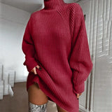 GETADME Turtleneck Long Sleeve Sweater Dress Women Autumn Winter Loose Tunic Knitted Casual Pink white Clothes Solid Mini Dresses