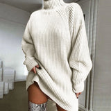 GETADME Turtleneck Long Sleeve Sweater Dress Women Autumn Winter Loose Tunic Knitted Casual Pink white Clothes Solid Mini Dresses
