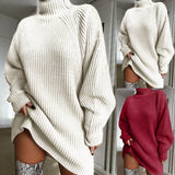 GETADME Turtleneck Long Sleeve Sweater Dress Women Autumn Winter Loose Tunic Knitted Casual Pink white Clothes Solid Mini Dresses