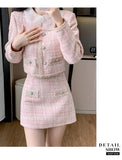 GETADME Tweed Jacket and Skirt Set for Women French Vintage Small Fragrance Two Piece Outfits Coat and Skirt High Quality