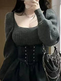 GETADME Two Piece Sets Womens Outfit 2025 Harajuku Autumn Solid Knitted Grunge Sweater + Y2k Aesthetic Pu Bandage Ruffled Fairy Dresses