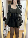 GETADME Two Piece Sets Womens Outfit 2025 Harajuku Autumn Solid Knitted Grunge Sweater + Y2k Aesthetic Pu Bandage Ruffled Fairy Dresses