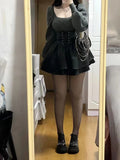 GETADME Two Piece Sets Womens Outfit 2025 Harajuku Autumn Solid Knitted Grunge Sweater + Y2k Aesthetic Pu Bandage Ruffled Fairy Dresses