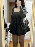 GETADME Two Piece Sets Womens Outfit 2025 Harajuku Autumn Solid Knitted Grunge Sweater + Y2k Aesthetic Pu Bandage Ruffled Fairy Dresses