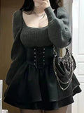GETADME Two Piece Sets Womens Outfit 2025 Harajuku Autumn Solid Knitted Grunge Sweater + Y2k Aesthetic Pu Bandage Ruffled Fairy Dresses