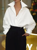 GETADME UOOZEE 2025 New Women Fashion Long Batwing Sleeves Solid Color Lapel Blouses Spring Autumn Casual Simple Office Shirts Tops