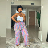 GETADME Unique Women Colorful Tulle Pants Custom Made Rainbow Tulle Ruffled Pant Long Length Girls Maxi Party Wear Fashion