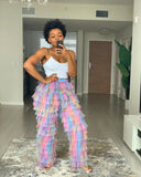 GETADME Unique Women Colorful Tulle Pants Custom Made Rainbow Tulle Ruffled Pant Long Length Girls Maxi Party Wear Fashion