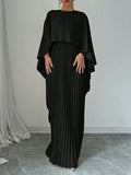 GETADME Uoozee 2025 New Autumn High-Low Pleated Long Dress Women Cape Sleeves Solid Color Split-Joint Elegant Party Evening Maxi Dresses
