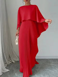 GETADME Uoozee 2025 New Autumn High-Low Pleated Long Dress Women Cape Sleeves Solid Color Split-Joint Elegant Party Evening Maxi Dresses