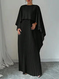 GETADME Uoozee 2025 New Autumn High-Low Pleated Long Dress Women Cape Sleeves Solid Color Split-Joint Elegant Party Evening Maxi Dresses