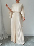 GETADME Uoozee 2025 New Autumn High-Low Pleated Long Dress Women Cape Sleeves Solid Color Split-Joint Elegant Party Evening Maxi Dresses