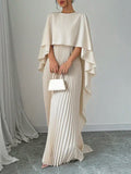 GETADME Uoozee 2025 New Autumn High-Low Pleated Long Dress Women Cape Sleeves Solid Color Split-Joint Elegant Party Evening Maxi Dresses