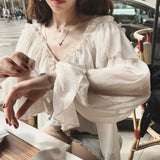 GETADME V-neck Sexy Shirts Women Summer See Through Boho Mesh Blouse Ruffle Flare Sleeve Elegant Peplum Tops Ruffles Ladies Blusas 13459