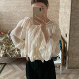 GETADME V-neck Sexy Shirts Women Summer See Through Boho Mesh Blouse Ruffle Flare Sleeve Elegant Peplum Tops Ruffles Ladies Blusas 13459