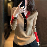 GETADME Vintage Autumn Winter V-Neck Patchwork Sweaters Women's Clothing Solid Color All-match Fashion Button Loose Knitted Jumpers 2025