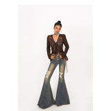 GETADME Vintage Blue Ripped Flare Jeans Women High Waist American Retro Denim Trousers Streetwear Wide Leg Pants Bell Bottoms