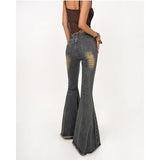 GETADME Vintage Blue Ripped Flare Jeans Women High Waist American Retro Denim Trousers Streetwear Wide Leg Pants Bell Bottoms
