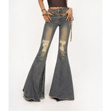 GETADME Vintage Blue Ripped Flare Jeans Women High Waist American Retro Denim Trousers Streetwear Wide Leg Pants Bell Bottoms