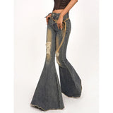 GETADME Vintage Blue Ripped Flare Jeans Women High Waist American Retro Denim Trousers Streetwear Wide Leg Pants Bell Bottoms