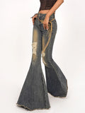 GETADME Vintage Blue Ripped Flare Jeans Women High Waist American Retro Denim Trousers Streetwear Wide Leg Pants Bell Bottoms