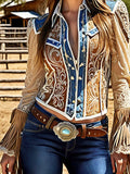 GETADME Vintage Chic Women Tops Western Patchwork Turn-down Collar Fringed Flare Sleeve Blouse Office Lady Blouse Tops Blusas 2025