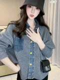 GETADME Vintage Denim Patchwork Loose Fashion Crop Knitted Cardigan Top For Women's Autumn New Vintage Denim Stitching Sweater